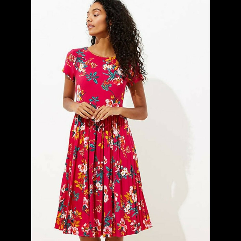 LOFT Peppermint Pink Floral Pleated Dress Sz 00P